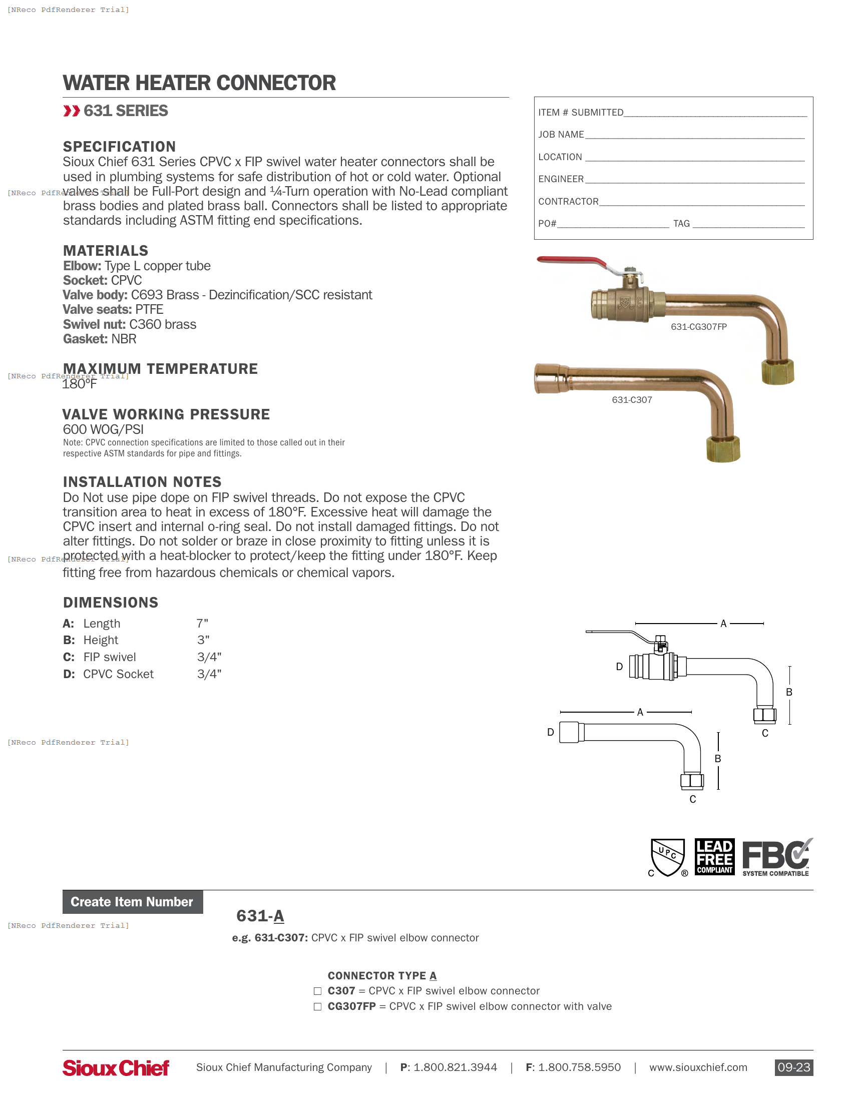 631 SERIES -  CPVC X FIP ELBOW WHC - SPEC SHEET.PDF Specification Document
